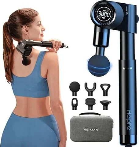 Pistolet Massage Pliant NAPRE: Manche Extensible & 5 Angles, Massage Dos/Tissus Profonds pour Douleurs, Percussion Main, 32 Vitesses, 6 Embouts Silencieux avec Coffret