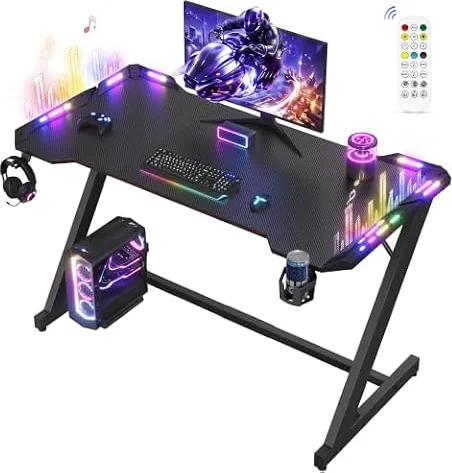 VASAGLE Bureau Gaming Informatique avec LED, Forme Z, 120 cm