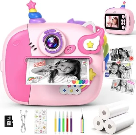 Appareil Photo Instantané, Cadeau Licorne pour 3-12 Ans Fille, Appareil Photo Enfant pour Filles 4 5 6 7 8 Ans, Jouet Licorne pour 5 6 7 8 Ans Cadeau d'Anniversair,Carte 32G Rose (Rouge)