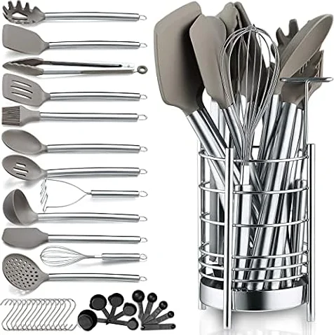 Berglander Ensemble d'ustensiles de cuisine 38 pièces en silicone antiadhésif, ensemble de spatule cuillère avec porte-ustensiles en acier inoxydable robuste, lavable au lave-vaisselle