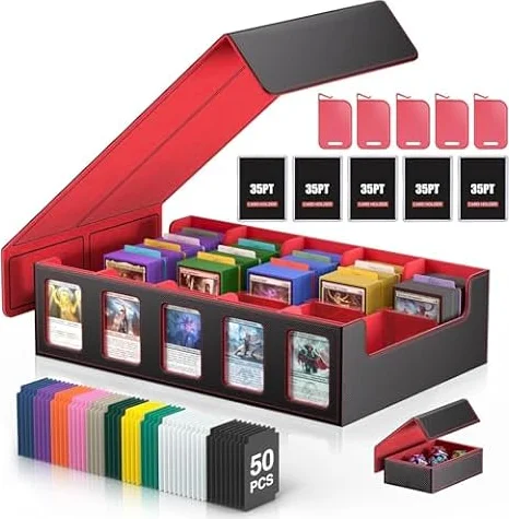 Boîte rangement cartes MTG avec vitrine Commander, 3900+ cartes, deck box 5 compartiments avec couvercle amovible, organiseur TCG PTCG cartes sport, compatible Toploader, 50 séparateurs (Rouge)