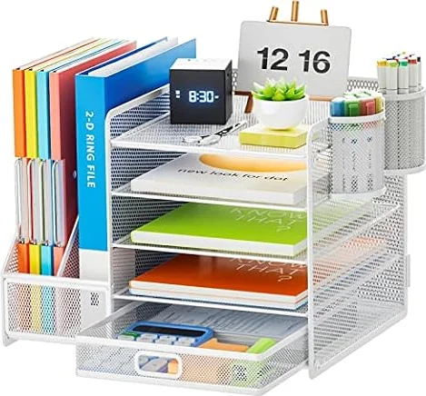 Marbrasse Organisateur de Bureau avec Porte-Documents,5-Niveaux Porte-Lettres Rangement Maille,pour Fournitures de Bureau Domicile(Blanc avec Tiroir Porte-Stylos)
