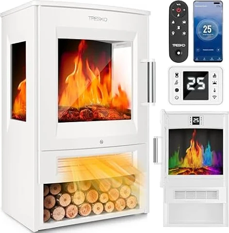 TRESKO® Cheminée électrique 1800W, Maison Intelligente WiFi App & télécommande | Poêle électrique Effet Flamme LED & écran LCD | Foyer électrique + Thermostat | Chauffage soufflant minuterie (Blanc)