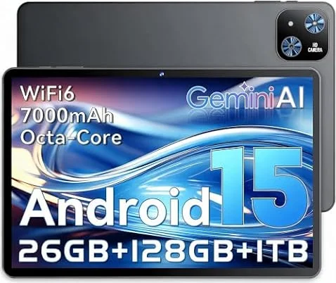 Tablette Android 15 10.1 Pouces, Gemini AI Tablet, T606 Octa-Core, 26GB RAM (6+20) 128GB ROM, Écran IPS 1280x800, TF jusqu’à 1TB, Batterie 7000mAh, WiFi 5G, GPS, GMS, Face ID, Type-C, BT 5.0, Noir