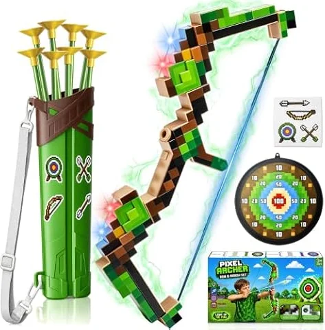 Pixel Jouet Garçon 3-12 Ans, ArcFlèche avec Lumières LED Rouges & Bleues, Carquois & Cible Toile Jeux d’Extérieur Enfant 3-12 Ans Cadeau Anniversaire 3 4 5 6 7 8 9 10 Ans Jouets pour Enfants (GREEN)