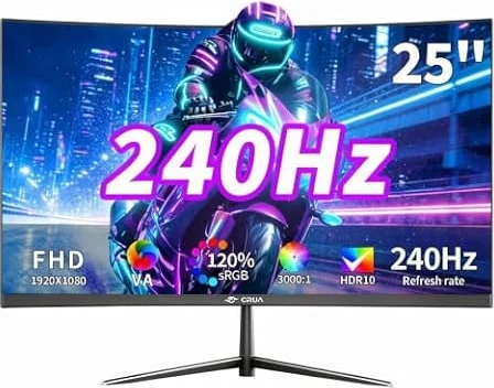 CRUA Moniteur de Jeu 24.5 Pouces FHD (1920 x 1080), Incurvé Écran PC, 240 Hz, 1 ms (MPRT), Adaptive Sync, 120% sRGB,Technologie Eye Care Plus, lumière Bleue, Flicker Free,VESA,DP, HDMI,Noir