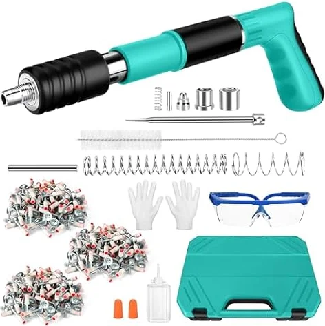Pistolet à Clous Manuel avec 300 Clous Ronds, 5 Vitesses Pistolet Pneumatique pour Acier et Béton, Silencieux Réglable, Pistolet à Ongles Portable avec Gants à Lunettes Bouchons d'oreille (Vert)