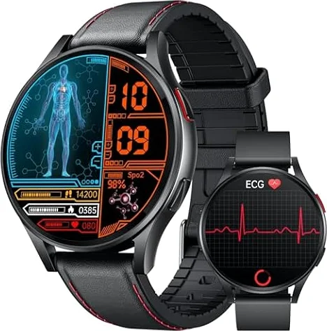 Montre Connectée Homme Smartwatch ECG+HRV - Repondre Appel 1.43'' AMOLED Montre Intelligente Santé Bracelet Connectee avec Sommeil SpO2 Fréquence Cardiaque Podomètre Fitness Tracker pour Android iOS