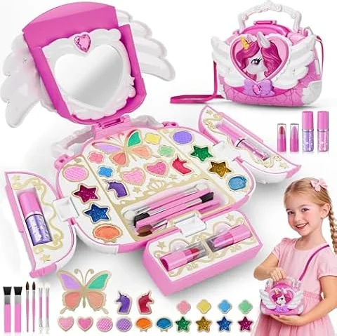Kit de Maquillage Enfant 3-12 ans Licorne Jouet Filles, Non Toxique Lavable Coffret Maquillage Enfant avec Miroir et Sangle, Jouet de Princesse Cadeau de Noël Anniversaire Fille 4 5 6 7 8 9 10 11 ans