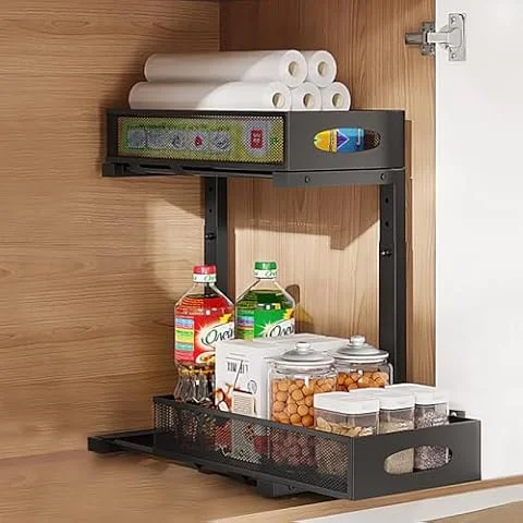 Laphontab Rangement Sous Evier En métal, Organisateur Évier à 2 Étages avec Tiroir Coulissant pour Cuisine, Salle de Bain, Réglable en hauteur- Noir. (1 Pièce)