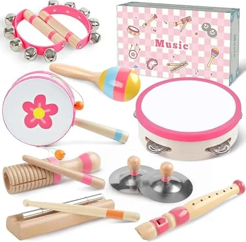 Coffret Musique Bois 8en1 Rose, Instruments pour Filles Tout-Petits 1-3 Ans