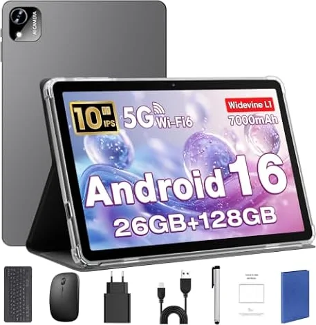 Android 16 Tablette 10 Pouces avec Clavier, Souris & Stylet, CPU Unisoc T606, 26 Go RAM + 128 Go ROM + 1 TO TF, Écran IPS HD 1280x800, Caméra Double, 7000 mAh, WiFi 6, BT 5.0, Widevine L1 (Étui Bleu)