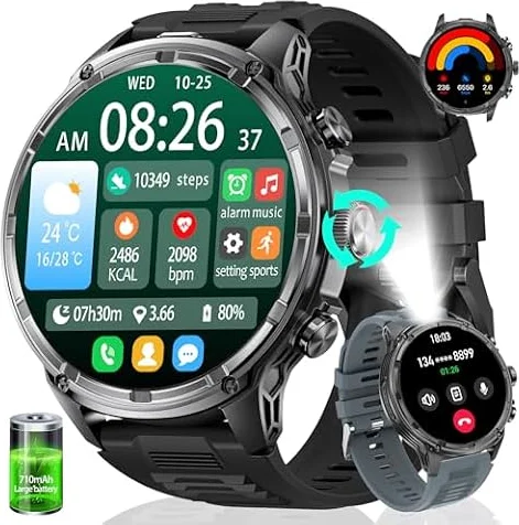 HIRREO Montre Connectée Homme, Smartwatch Homme LED Lampe 1,85'' Écran HD Longue Autonomie, Montre Intelligente Santé Cardiaque Sommeil Tension Artérielle 120+ Modes Sportifs