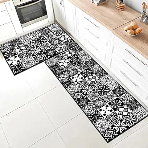 SHUAIG Lot de 2 Tapis de Cuisine antidérapant,Lavable Tapis de Cuisine avec Autocollants antidérapants pour Cuisine, Couloir, Chambre à Coucher, Salle de Bain(Style B, 43x75 + 43x150 cm)