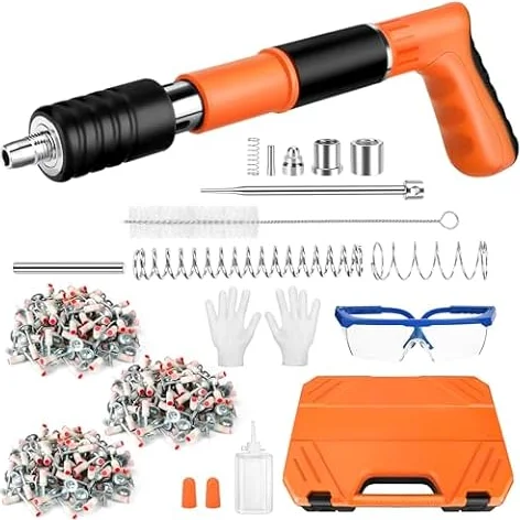 Pistolet à Clous Manuel avec 300 Clous Ronds, 5 Vitesses Pistolet Pneumatique pour Acier et Béton, Silencieux Réglable, Pistolet à Ongles Portable avec Gants à Lunettes Bouchons d'oreille (Orange)