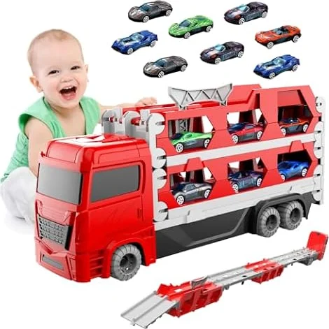 UBBOY Camion de transport pour garçons âgés de 3, 4, 5, 6 ans, jouet de voiture, 165 cm, camion de circuit de course pliable avec 9 voitures, jouet transporteur, cadeau pour enfants
