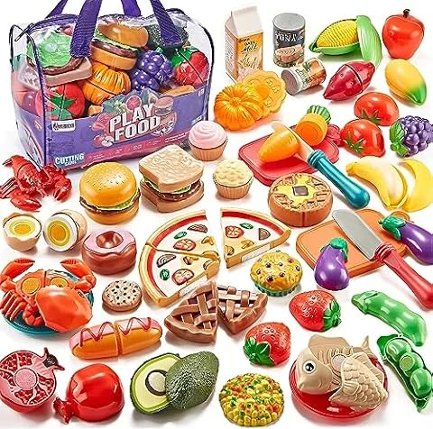 Laugigle Nourriture de Jeu de Simulation pour Enfants - 78 pièces de Nourriture avec Sac de Rangement, Jouets Alimentaires en légumes et Fruits